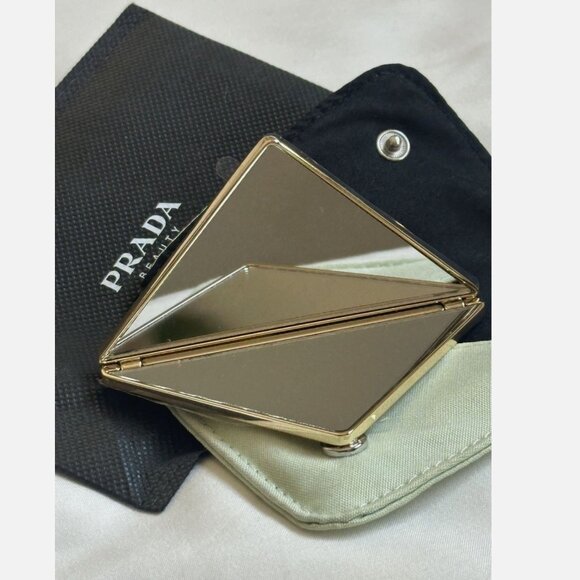 Prada Beauty Gold + Silver Folding Double Mirror Compact & Mint Green Pouch New - Picture 1 of 5